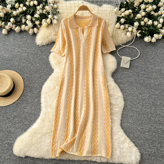 CM-DY037081 Women Casual Seoul Style Collar Neckline Short Sleeve Loose Knitted Midi Dress (Available in 3 colors)