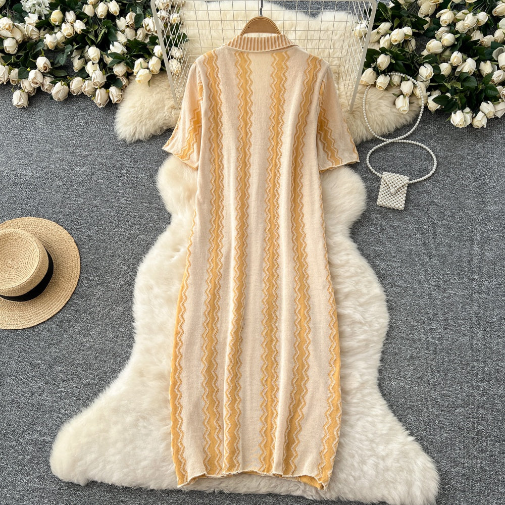 CM-DY037081 Women Casual Seoul Style Collar Neckline Short Sleeve Loose Knitted Midi Dress (Available in 3 colors)