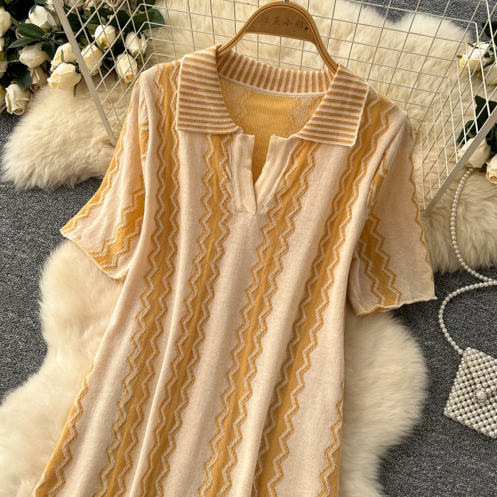 CM-DY037081 Women Casual Seoul Style Collar Neckline Short Sleeve Loose Knitted Midi Dress (Available in 3 colors)