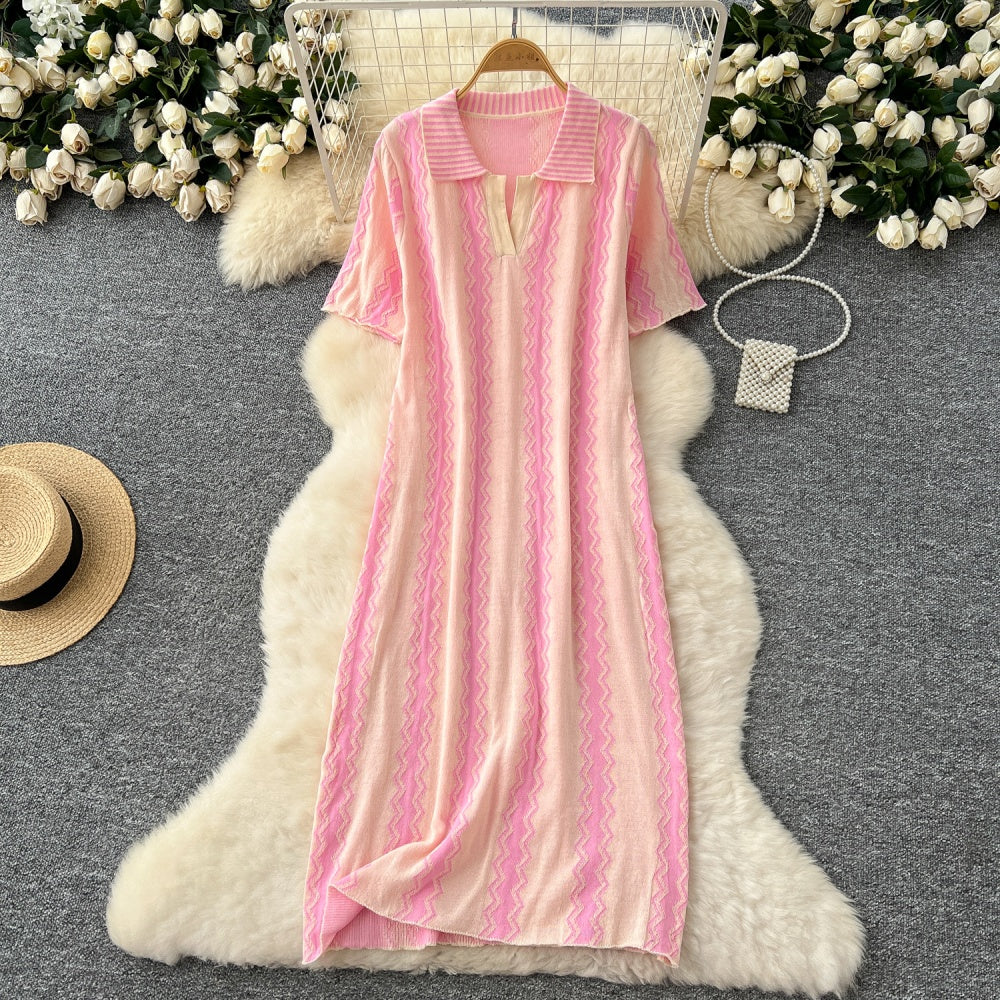 CM-DY037081 Women Casual Seoul Style Collar Neckline Short Sleeve Loose Knitted Midi Dress (Available in 3 colors)