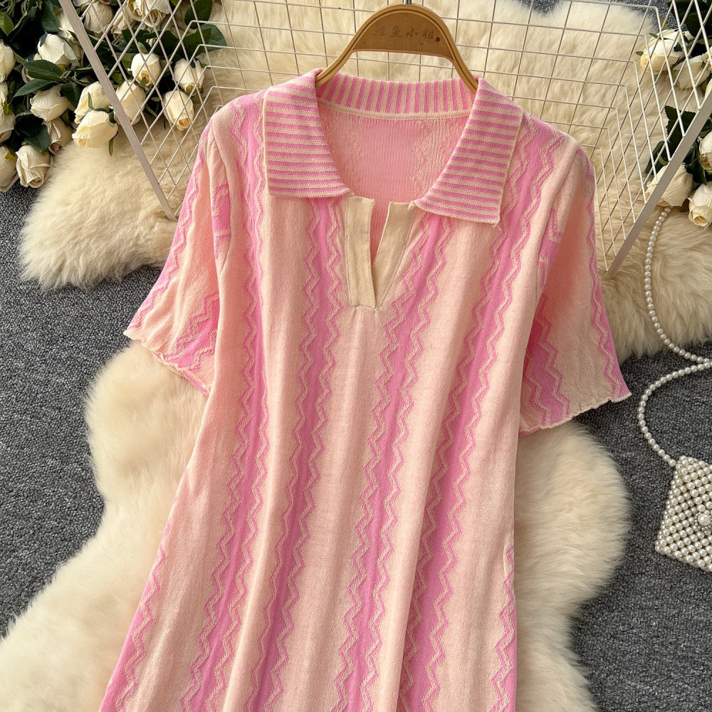 CM-DY037081 Women Casual Seoul Style Collar Neckline Short Sleeve Loose Knitted Midi Dress (Available in 3 colors)