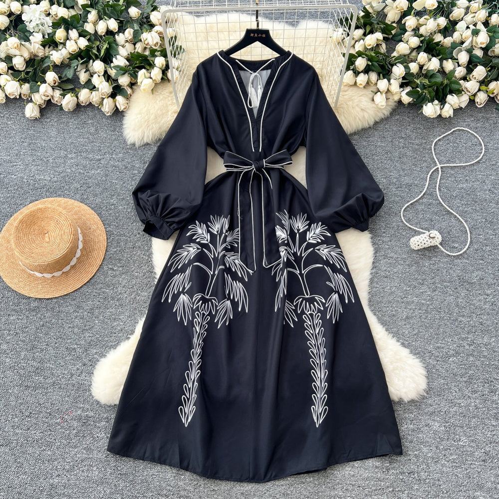 CM-DY037084 Women Elegant Seoul Style Deep V-Neck Long Sleeve Maxi Dress - Black