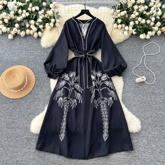 CM-DY037084 Women Elegant Seoul Style Deep V-Neck Long Sleeve Maxi Dress - Black