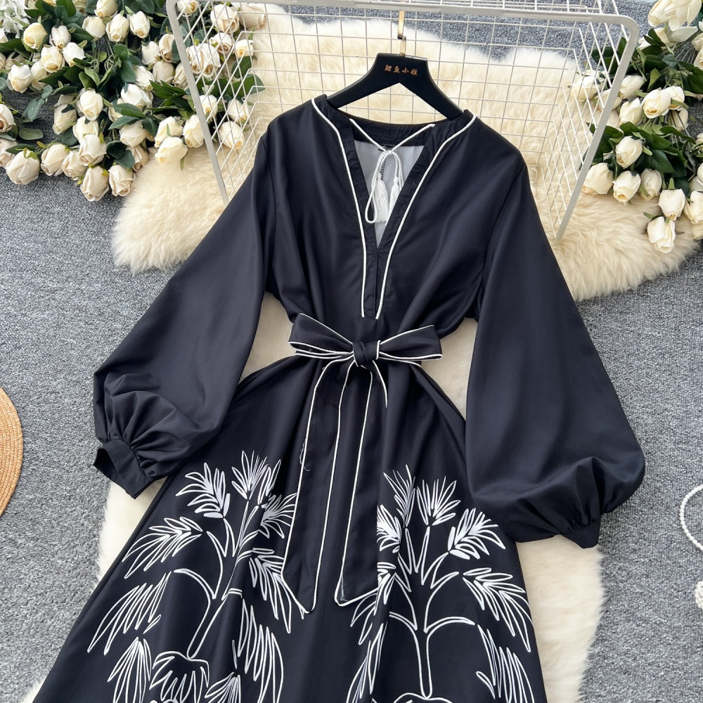 CM-DY037084 Women Elegant Seoul Style Deep V-Neck Long Sleeve Maxi Dress - Black