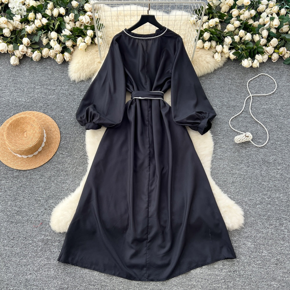 CM-DY037084 Women Elegant Seoul Style Deep V-Neck Long Sleeve Maxi Dress - Black