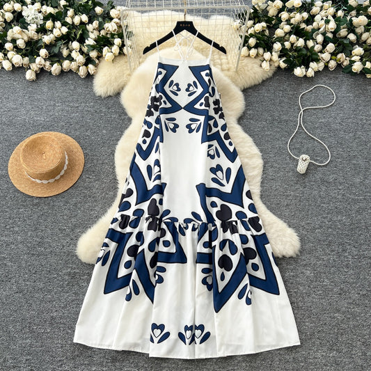 CM-DY037085 Women Trendy Bohemian Style Halter Neckline Sleeveless Maxi Dress - White