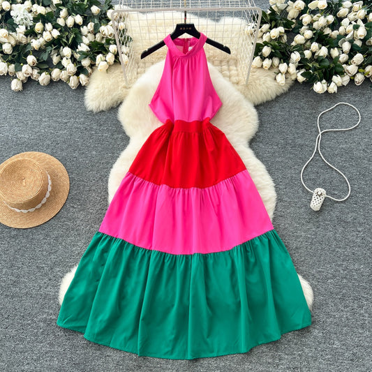 CM-DY037086 Women Elegant Seoul Style Halter Neckline Sleeveless High Waist Midi Dress