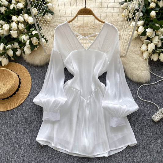 CM-DY037152 Women Elegant Seoul Style V-Neck Halter Lantern Sleeve Short Dress (Available in 2 colors)