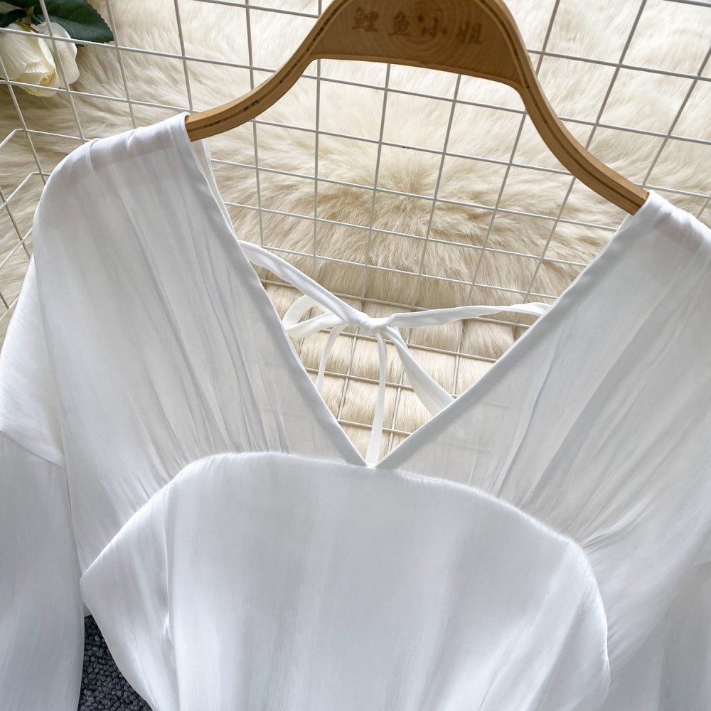 CM-DY037152 Women Elegant Seoul Style V-Neck Halter Lantern Sleeve Short Dress (Available in 2 colors)