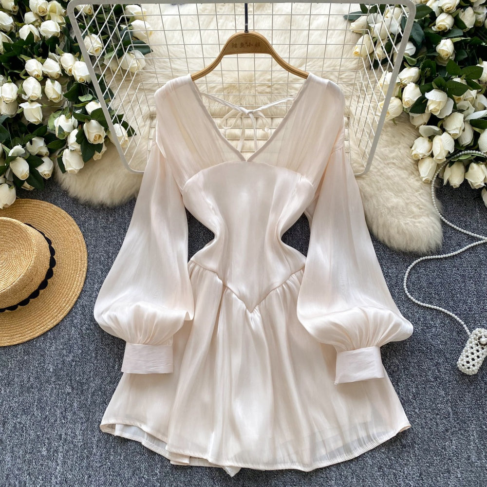 CM-DY037152 Women Elegant Seoul Style V-Neck Halter Lantern Sleeve Short Dress (Available in 2 colors)