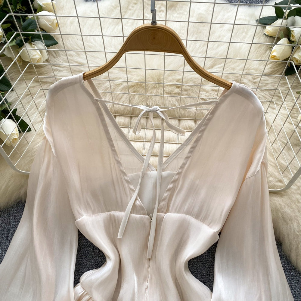 CM-DY037152 Women Elegant Seoul Style V-Neck Halter Lantern Sleeve Short Dress (Available in 2 colors)