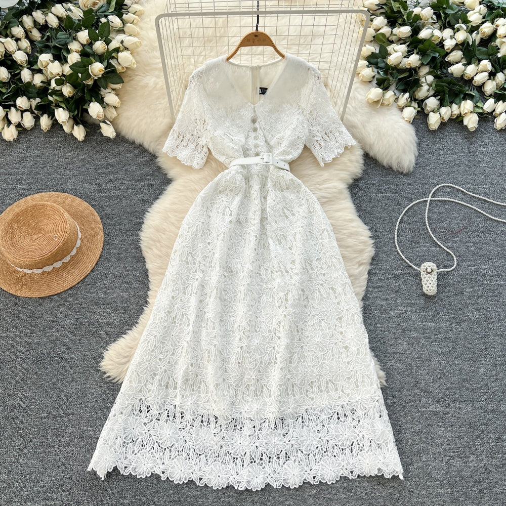 CM-DY037203 Women Elegant Seoul Style V-Neck Short Sleeve Pinched Waist Long Dress - White