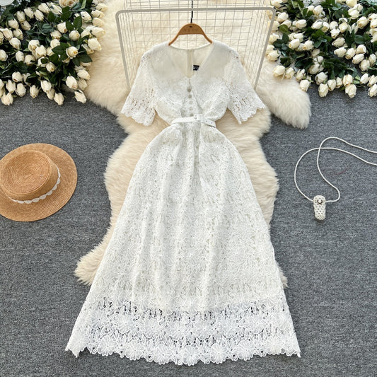 CM-DY037203 Women Elegant Seoul Style V-Neck Short Sleeve Pinched Waist Long Dress - White