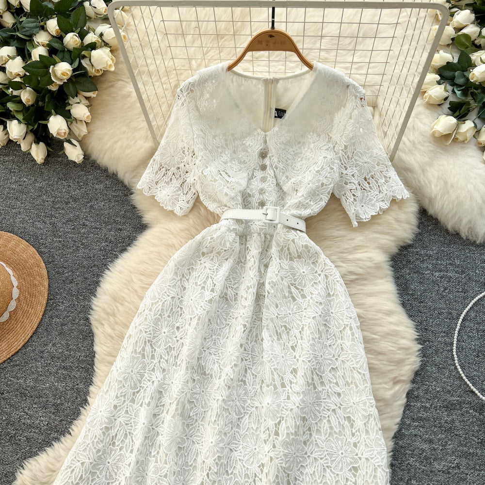 CM-DY037203 Women Elegant Seoul Style V-Neck Short Sleeve Pinched Waist Long Dress - White