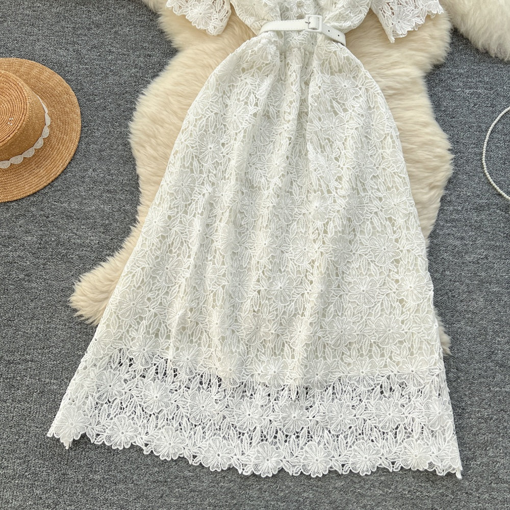 CM-DY037203 Women Elegant Seoul Style V-Neck Short Sleeve Pinched Waist Long Dress - White