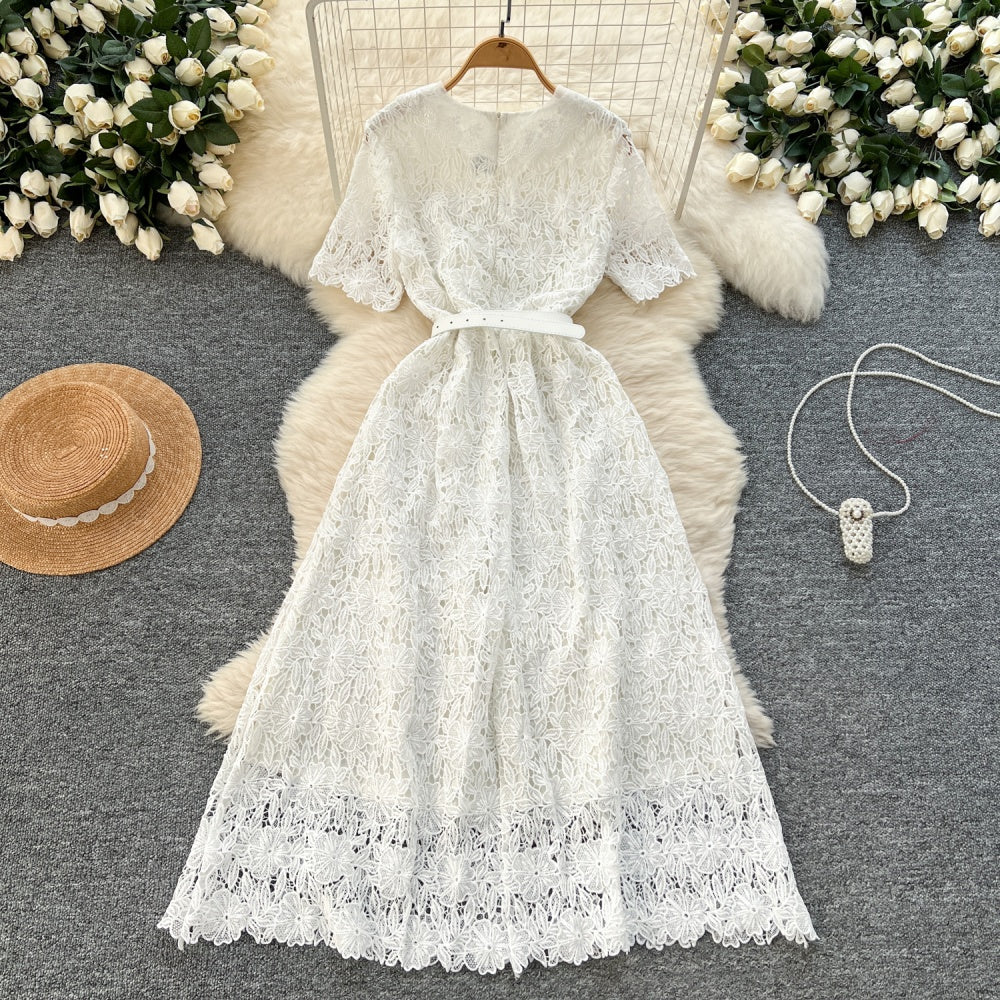 CM-DY037203 Women Elegant Seoul Style V-Neck Short Sleeve Pinched Waist Long Dress - White