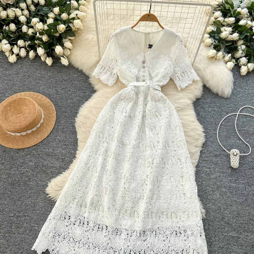CM-DY037203 Women Elegant Seoul Style V-Neck Short Sleeve Pinched Waist Long Dress - White
