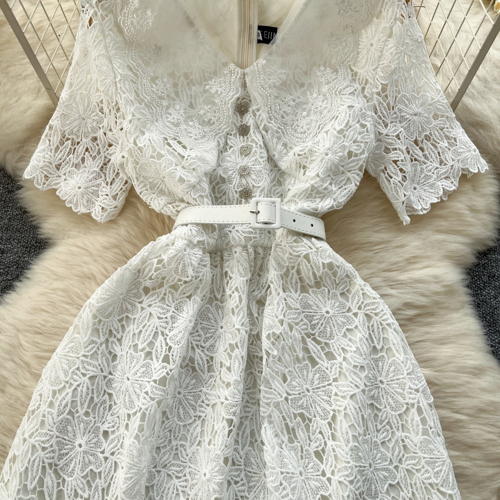 CM-DY037203 Women Elegant Seoul Style V-Neck Short Sleeve Pinched Waist Long Dress - White