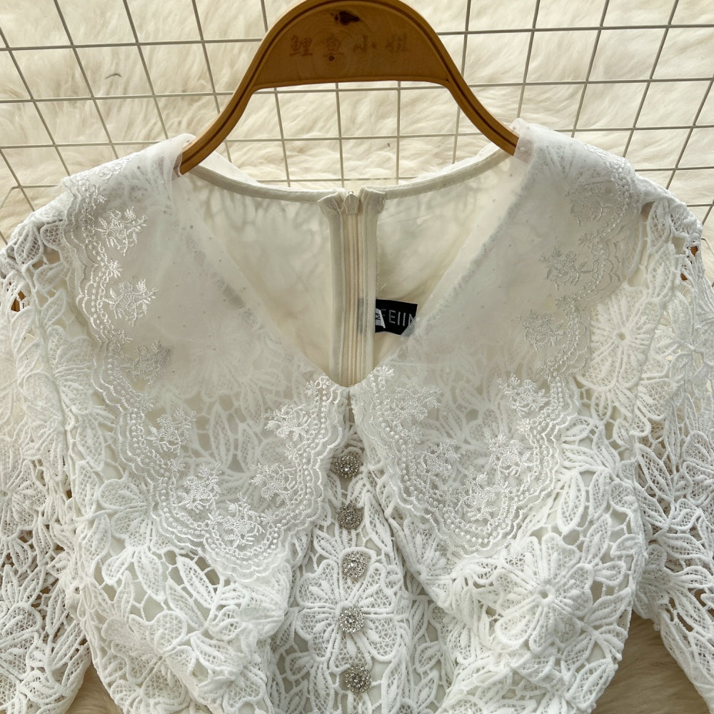 CM-DY037203 Women Elegant Seoul Style V-Neck Short Sleeve Pinched Waist Long Dress - White