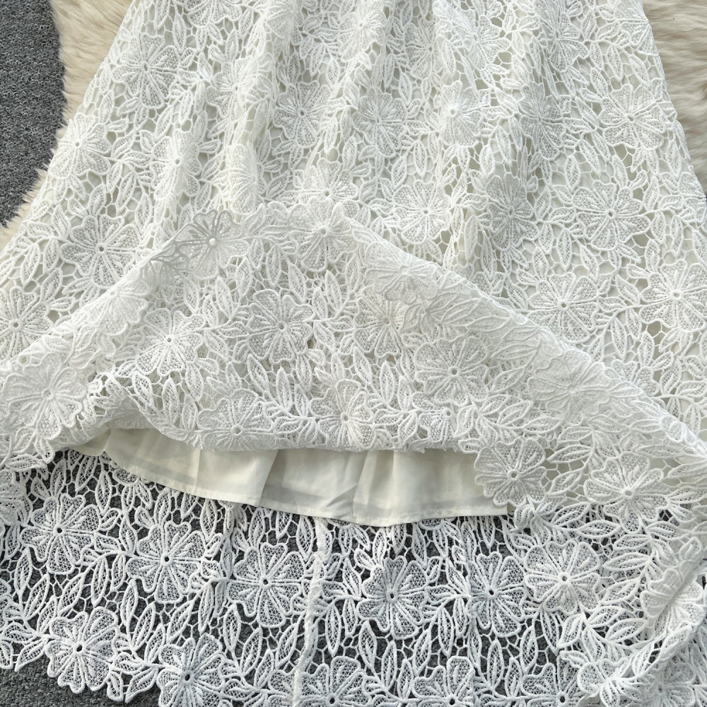 CM-DY037203 Women Elegant Seoul Style V-Neck Short Sleeve Pinched Waist Long Dress - White