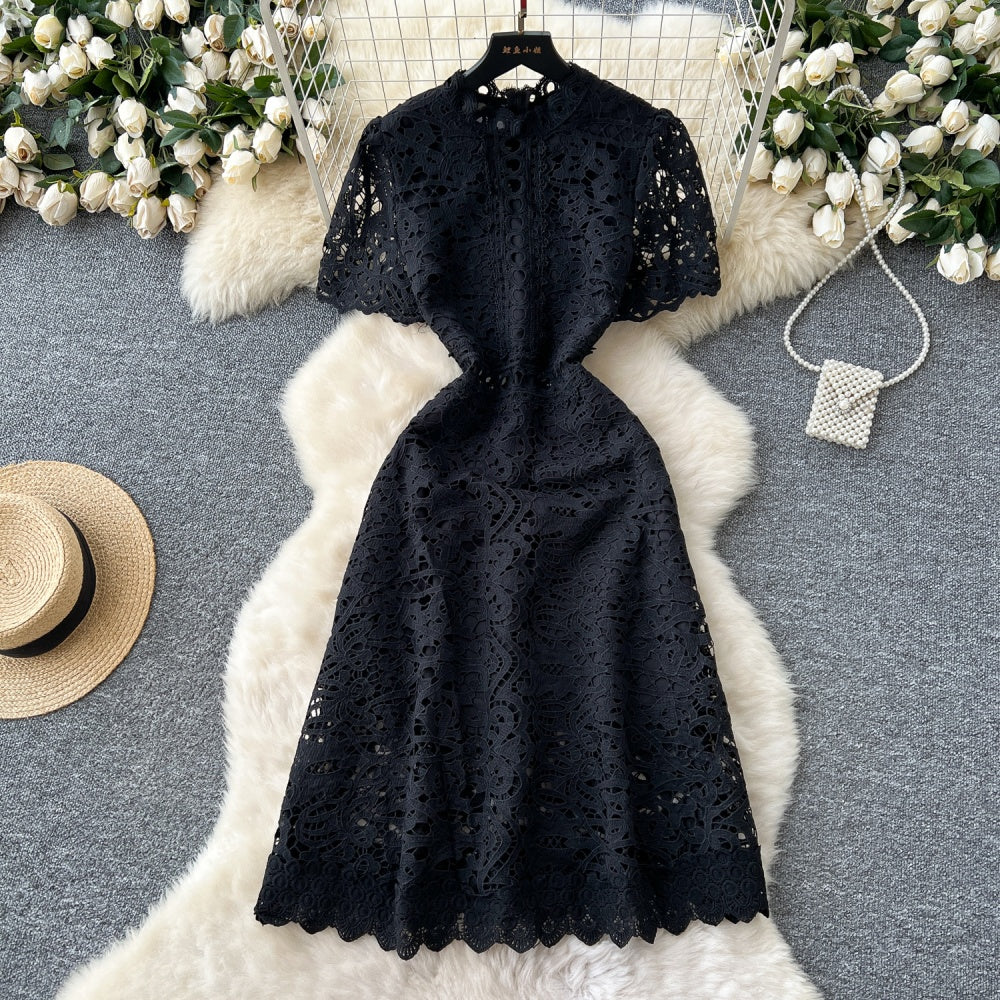 CM-DY037206 Women Elegant European Style Lace Stand Collar Short Sleeve Mid-Length Dress (Available in 6 colors)
