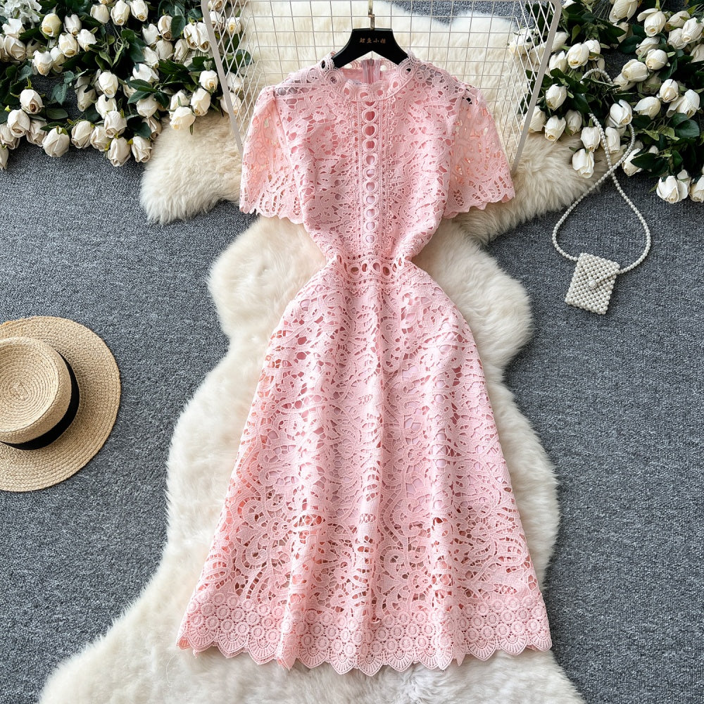 CM-DY037206 Women Elegant European Style Lace Stand Collar Short Sleeve Mid-Length Dress (Available in 6 colors)