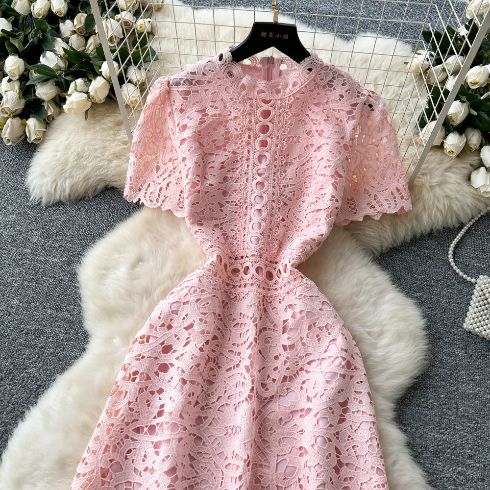 CM-DY037206 Women Elegant European Style Lace Stand Collar Short Sleeve Mid-Length Dress (Available in 6 colors)