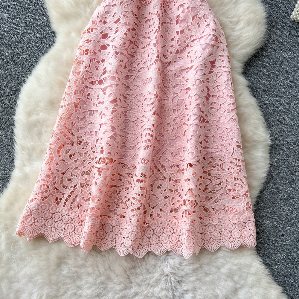 CM-DY037206 Women Elegant European Style Lace Stand Collar Short Sleeve Mid-Length Dress (Available in 6 colors)