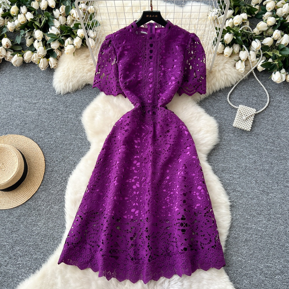 CM-DY037206 Women Elegant European Style Lace Stand Collar Short Sleeve Mid-Length Dress (Available in 6 colors)