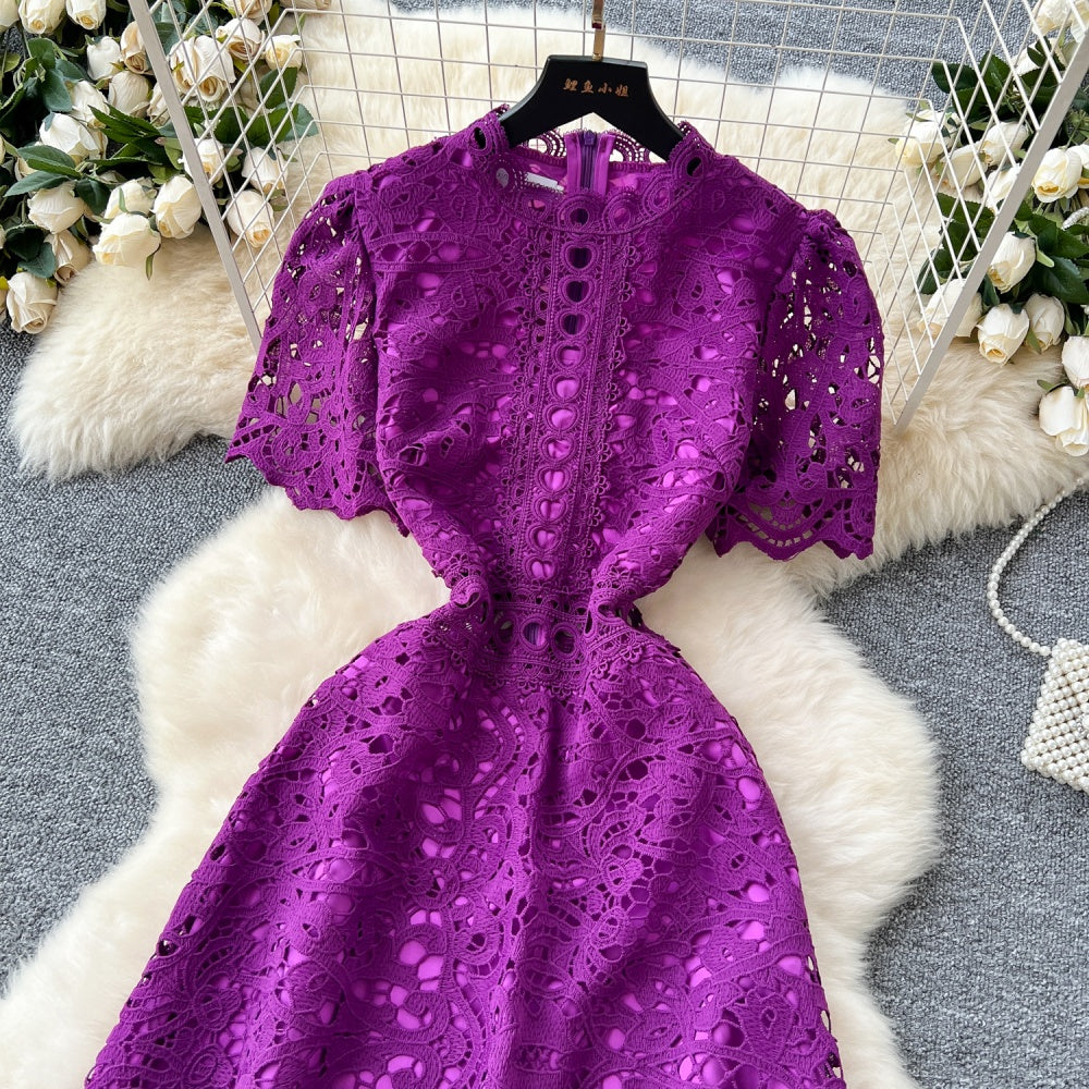 CM-DY037206 Women Elegant European Style Lace Stand Collar Short Sleeve Mid-Length Dress (Available in 6 colors)