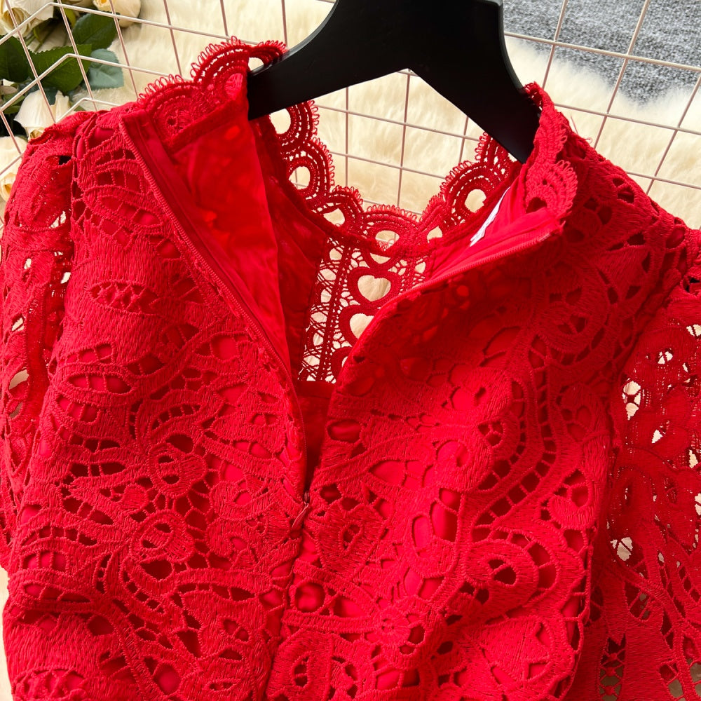CM-DY037206 Women Elegant European Style Lace Stand Collar Short Sleeve Mid-Length Dress (Available in 6 colors)