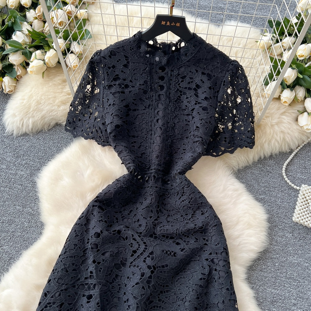 CM-DY037206 Women Elegant European Style Lace Stand Collar Short Sleeve Mid-Length Dress (Available in 6 colors)
