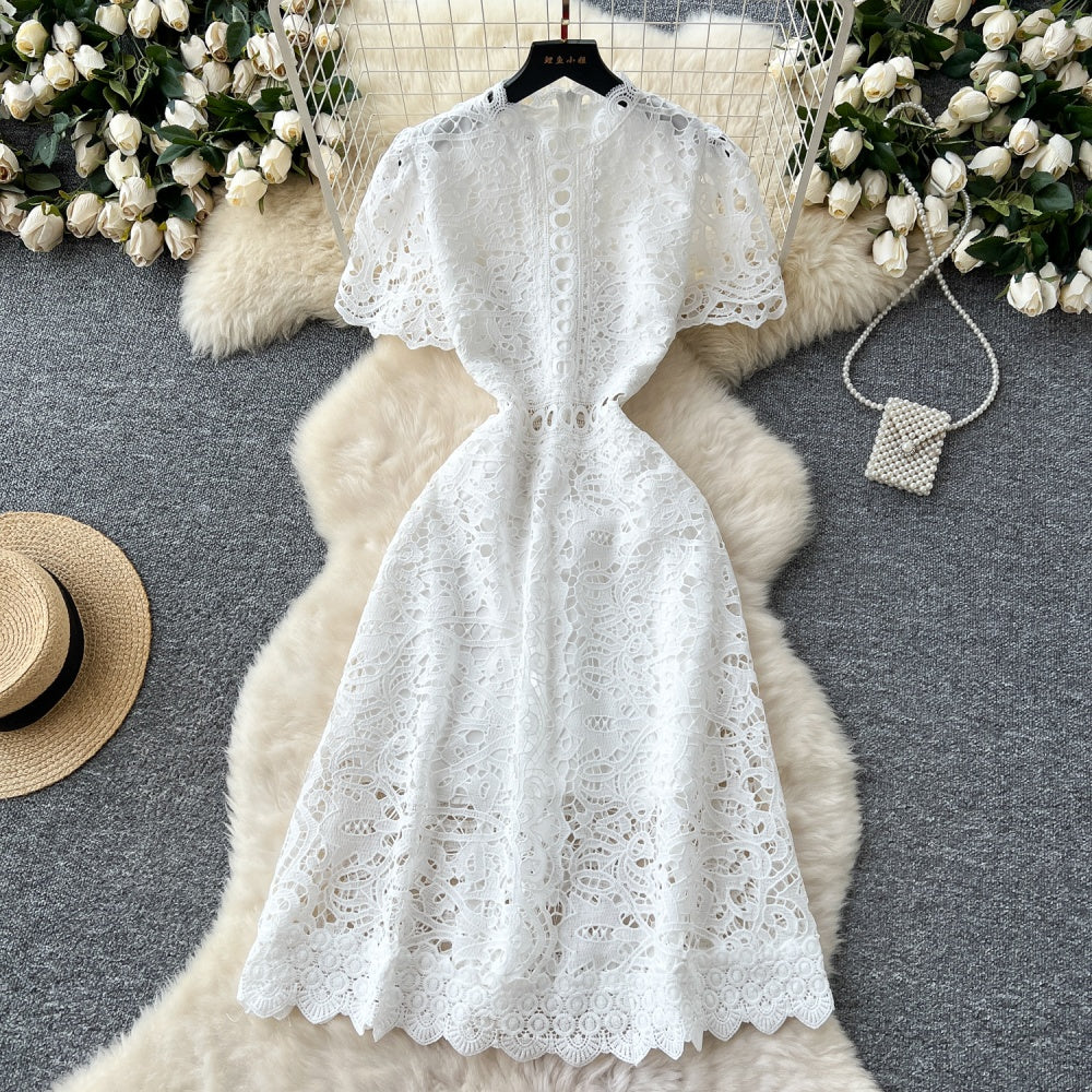 CM-DY037206 Women Elegant European Style Lace Stand Collar Short Sleeve Mid-Length Dress (Available in 6 colors)