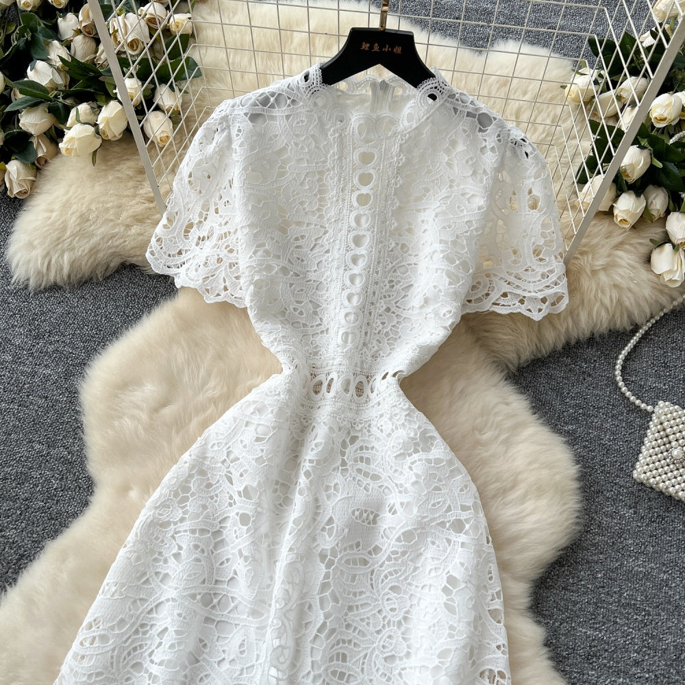 CM-DY037206 Women Elegant European Style Lace Stand Collar Short Sleeve Mid-Length Dress (Available in 6 colors)