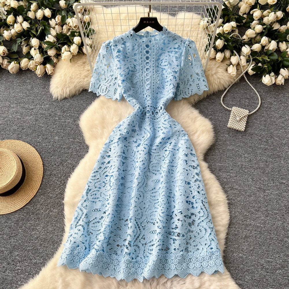 CM-DY037206 Women Elegant European Style Lace Stand Collar Short Sleeve Mid-Length Dress (Available in 6 colors)