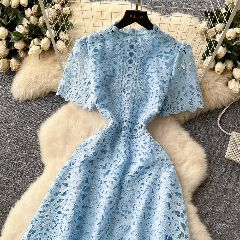 CM-DY037206 Women Elegant European Style Lace Stand Collar Short Sleeve Mid-Length Dress (Available in 6 colors)