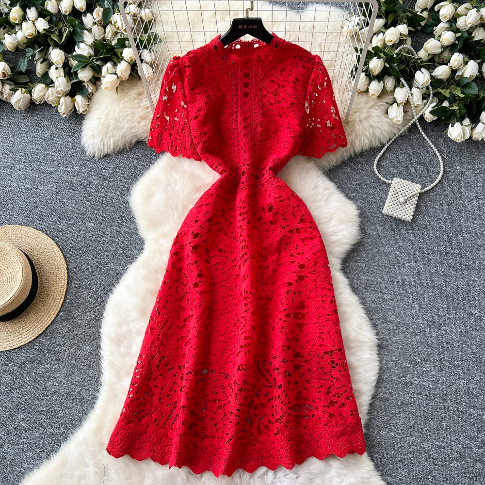 CM-DY037206 Women Elegant European Style Lace Stand Collar Short Sleeve Mid-Length Dress (Available in 6 colors)