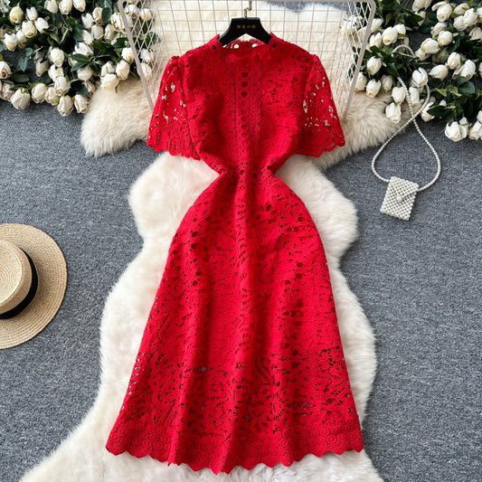 CM-DY037206 Women Elegant European Style Lace Stand Collar Short Sleeve Mid-Length Dress (Available in 6 colors)
