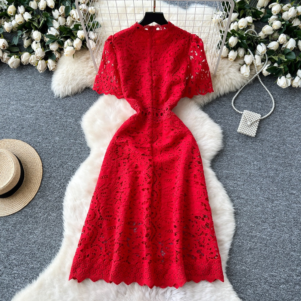 CM-DY037206 Women Elegant European Style Lace Stand Collar Short Sleeve Mid-Length Dress (Available in 6 colors)