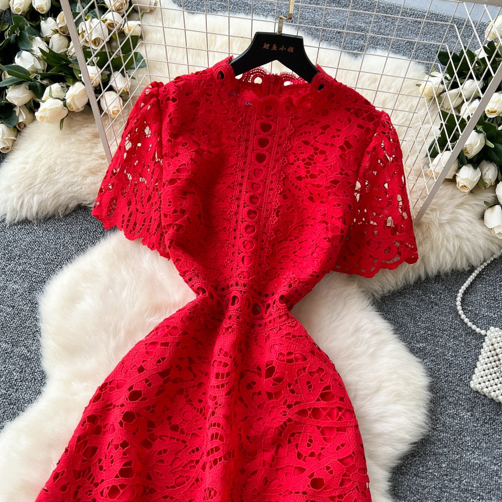 CM-DY037206 Women Elegant European Style Lace Stand Collar Short Sleeve Mid-Length Dress (Available in 6 colors)
