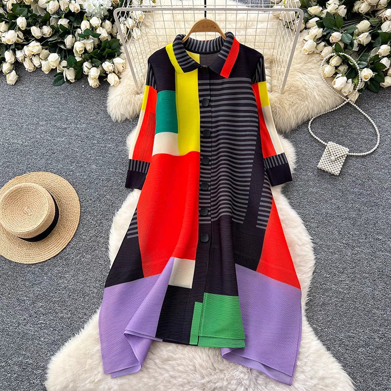 CM-DY037289 Women Elegant Seoul Style Polo Collar 3/4 Sleeve Loose Mid-Length Dress - Black