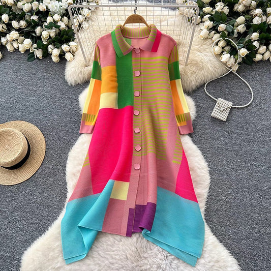 CM-DY037289 Women Elegant Seoul Style Polo Collar 3/4 Sleeve Loose Mid-Length Dress - Black