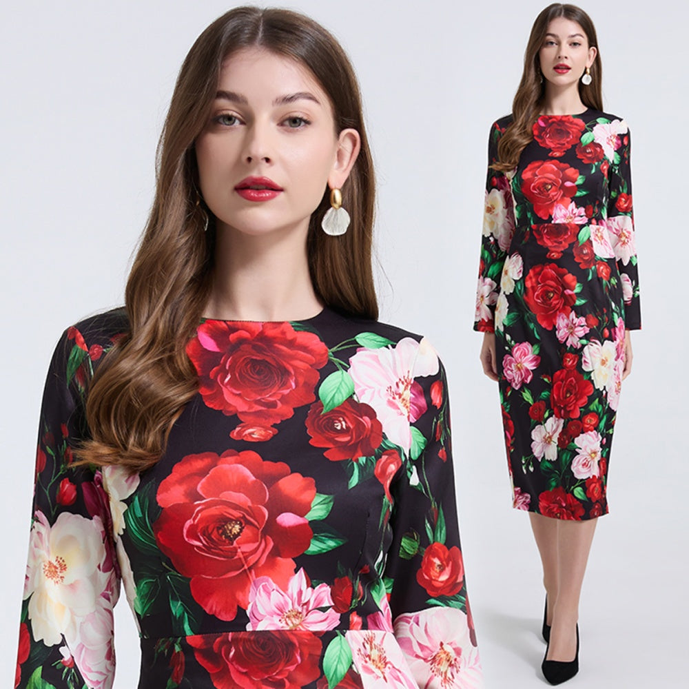 CM-DY037357 Women Elegant European Style Rose Prints Round Neck Long Sleeve Slim Midi Dress