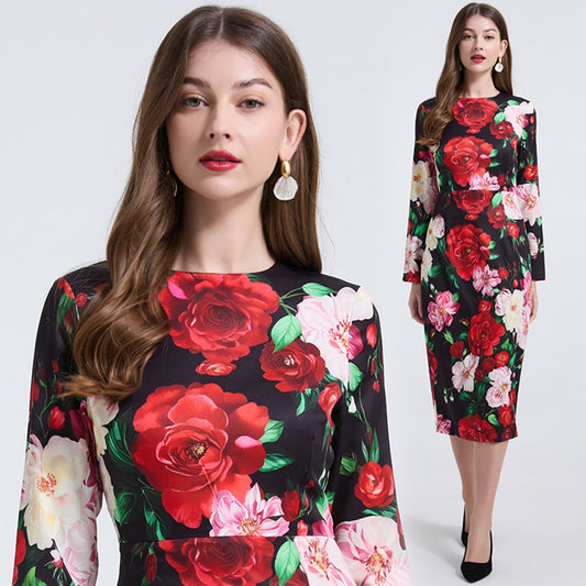 CM-DY037357 Women Elegant European Style Rose Prints Round Neck Long Sleeve Slim Midi Dress