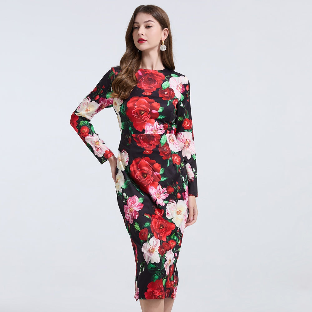 CM-DY037357 Women Elegant European Style Rose Prints Round Neck Long Sleeve Slim Midi Dress