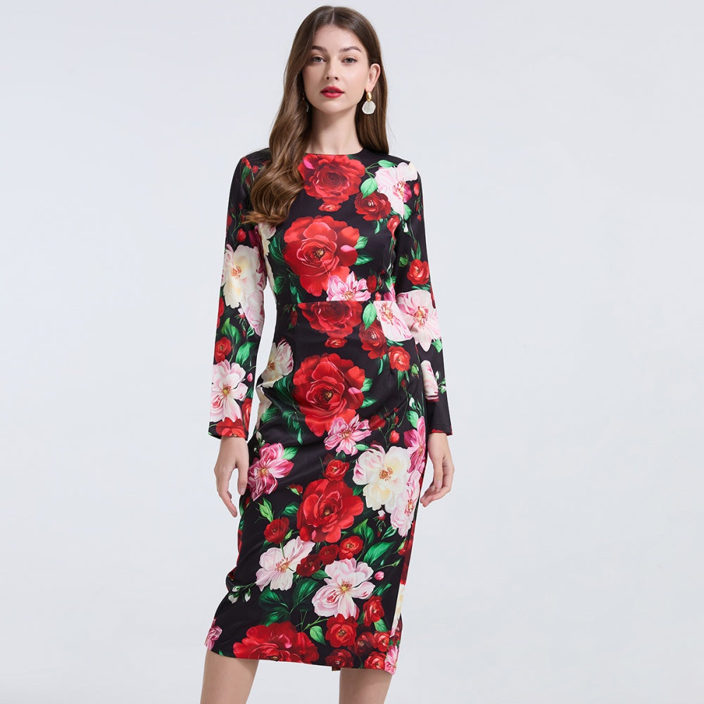 CM-DY037357 Women Elegant European Style Rose Prints Round Neck Long Sleeve Slim Midi Dress