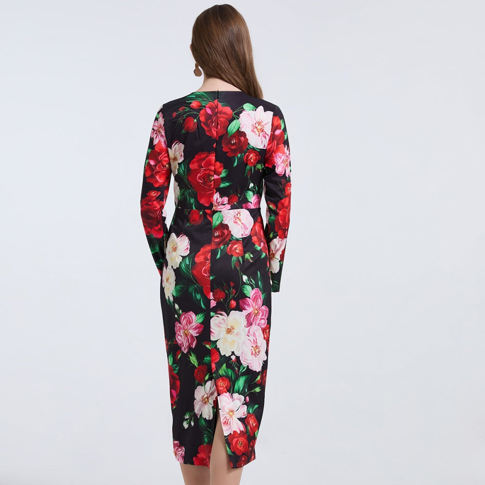 CM-DY037357 Women Elegant European Style Rose Prints Round Neck Long Sleeve Slim Midi Dress