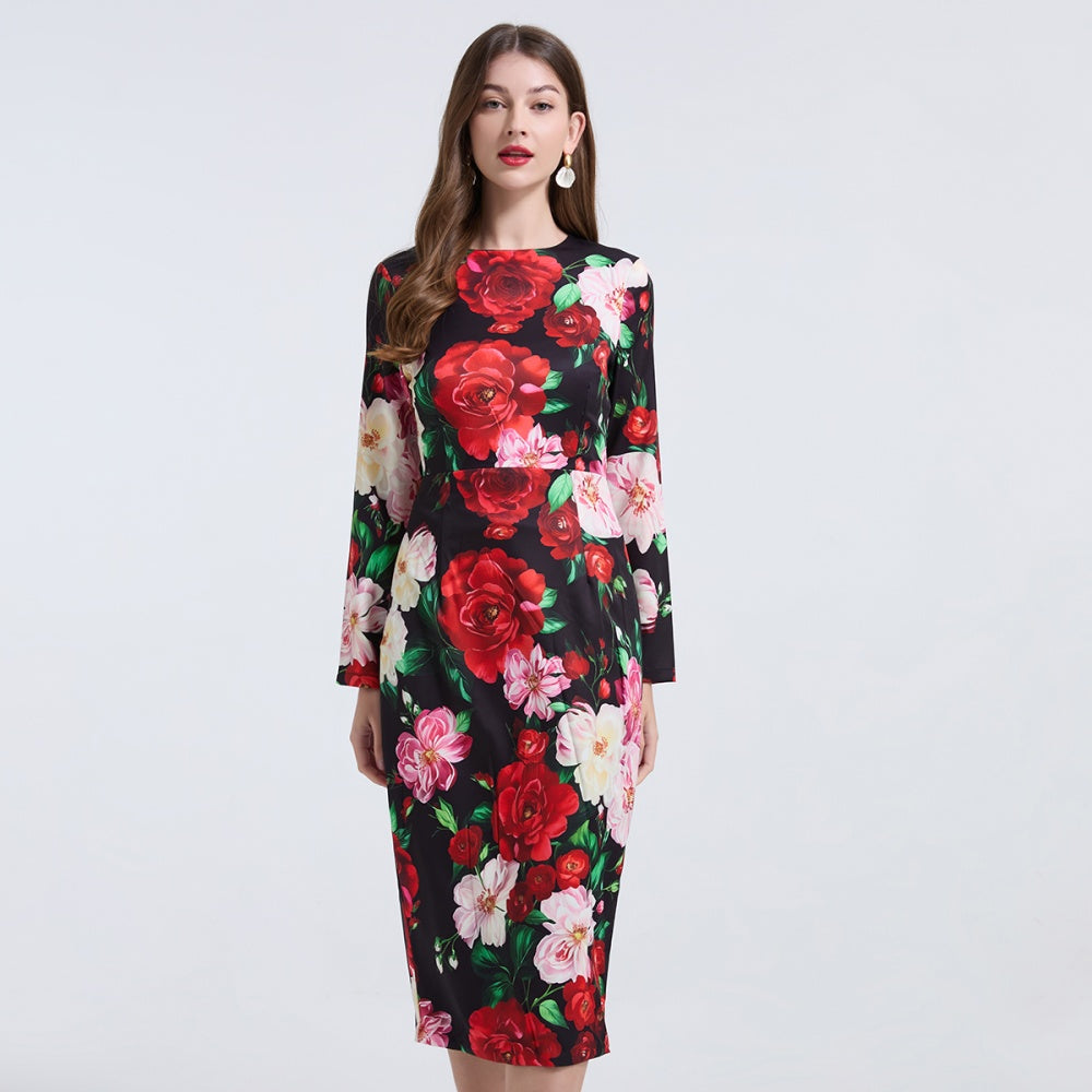 CM-DY037357 Women Elegant European Style Rose Prints Round Neck Long Sleeve Slim Midi Dress