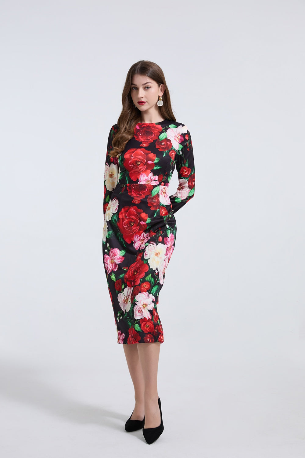 CM-DY037357 Women Elegant European Style Rose Prints Round Neck Long Sleeve Slim Midi Dress