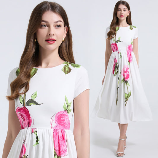 CM-DY037361 Women Elegant European Style Floral Print Round Neck Short Sleeve Midi Dress - White
